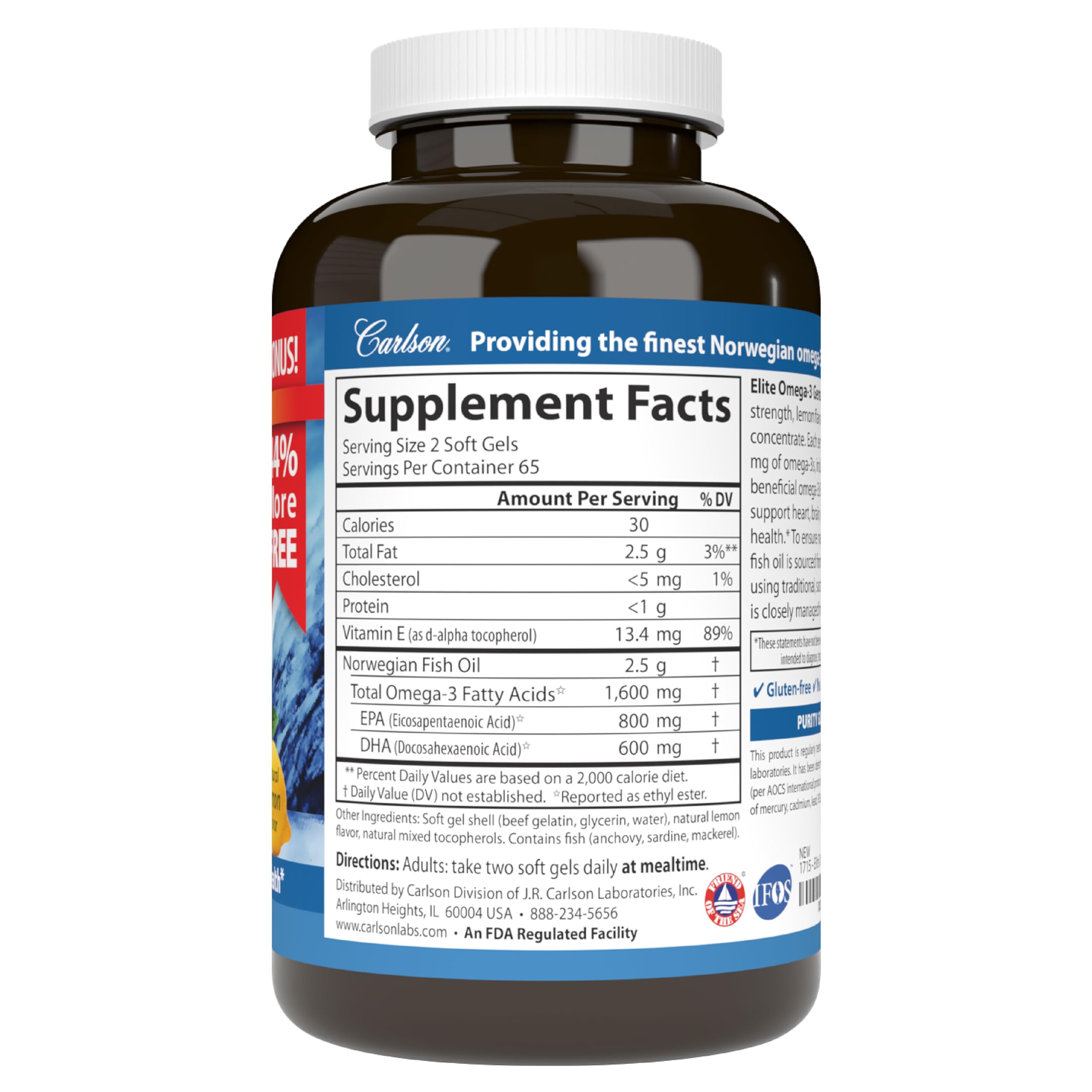 Carlson - Elite Omega-3 Gems, 1600 mg Omega-3 Fatty Acids Including EPA and DHA, Norwegian, Wild-Caught Fish Oil Supplement, Sustainably Sourced Omega 3 Fish Oil Capsules, Lemon, 130 Softgels - Image 8