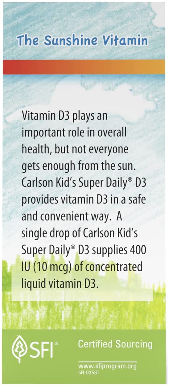 Carlson - Kid's Super Daily D3, Vitamin D Drops for Kids, 400 IU per drop, 1-Year Supply, Heart & Immune Health, Vegetarian, Liquid Vitamin D Drops, Unflavored, 365 drops - Image 3