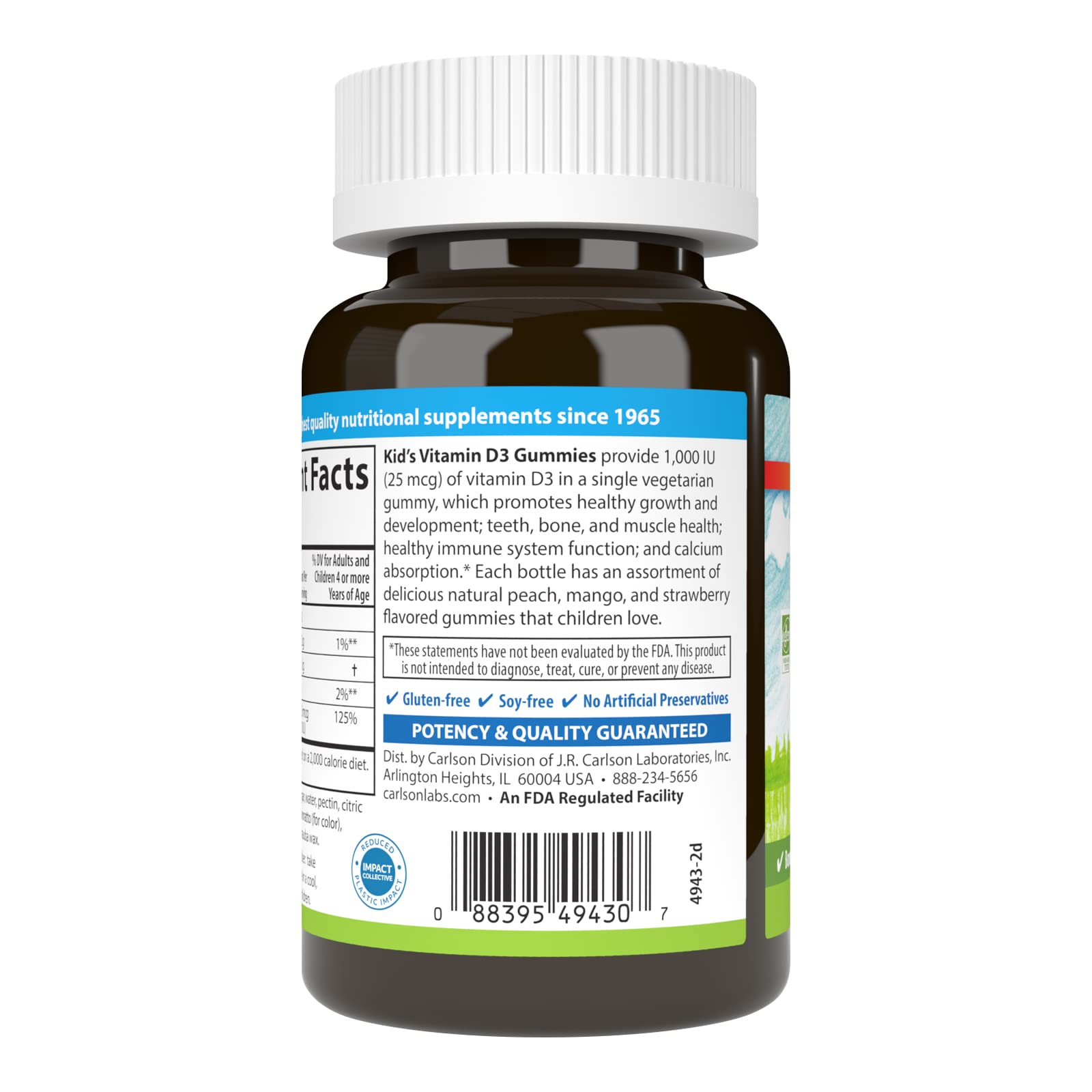 Carlson - Kid's Vitamin D3 Gummies, 1000 IU (25 mcg), Bone Health & Immune Support, Growth & Development, Vitamin D Gummies, D3 Gummy Vitamins, Natural Fruit Flavors, 60 Vegetarian Gummies - Image 8
