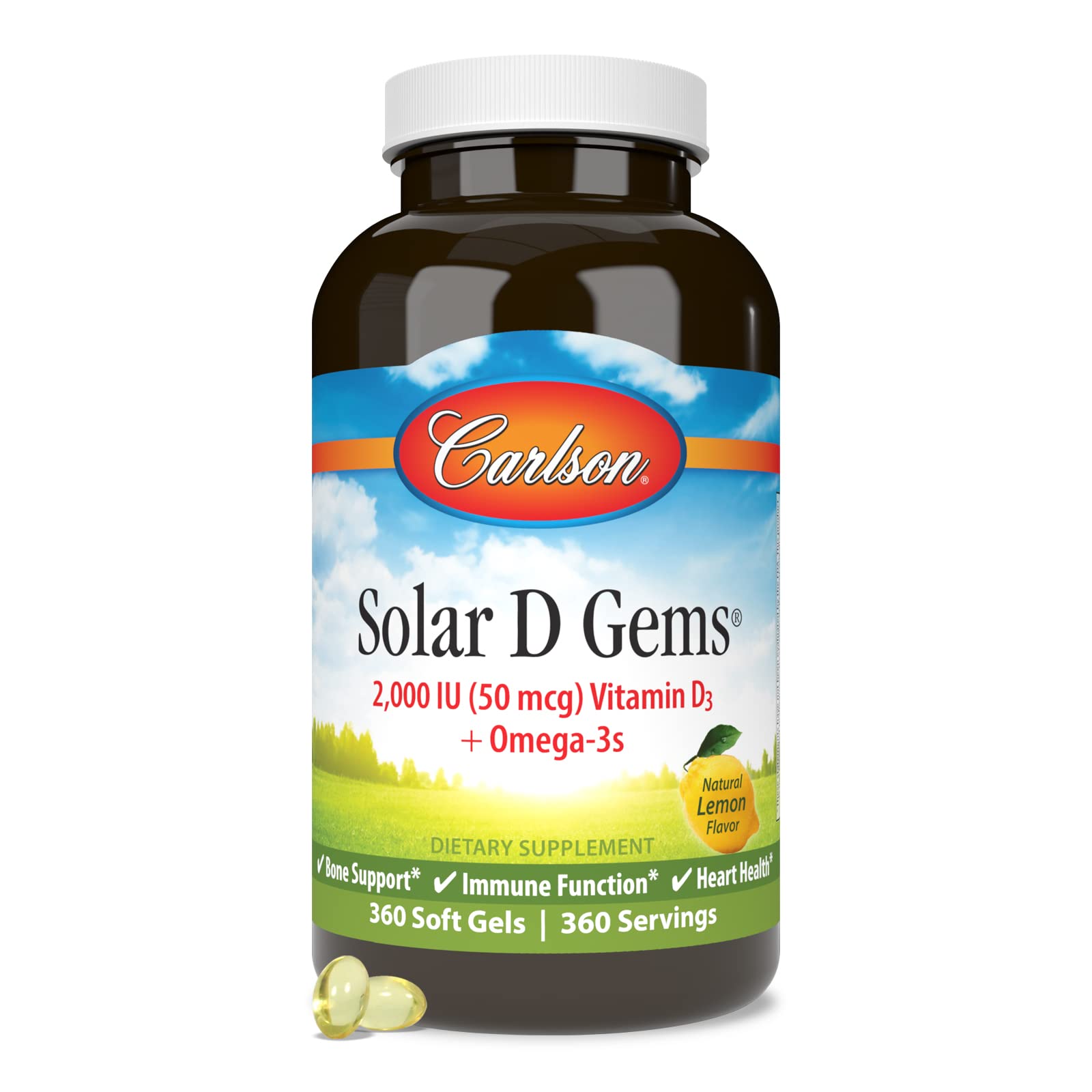 Carlson - Solar D Gems, Vitamin D3 and Omega-3 Supplement, 2000 IU (50 mcg) Vitamin D3, 115 mg Omega-3s EPA and DHA Supplement, Wild Caught, Sustainably Sourced, Lemon, 360 Softgels - Image 5