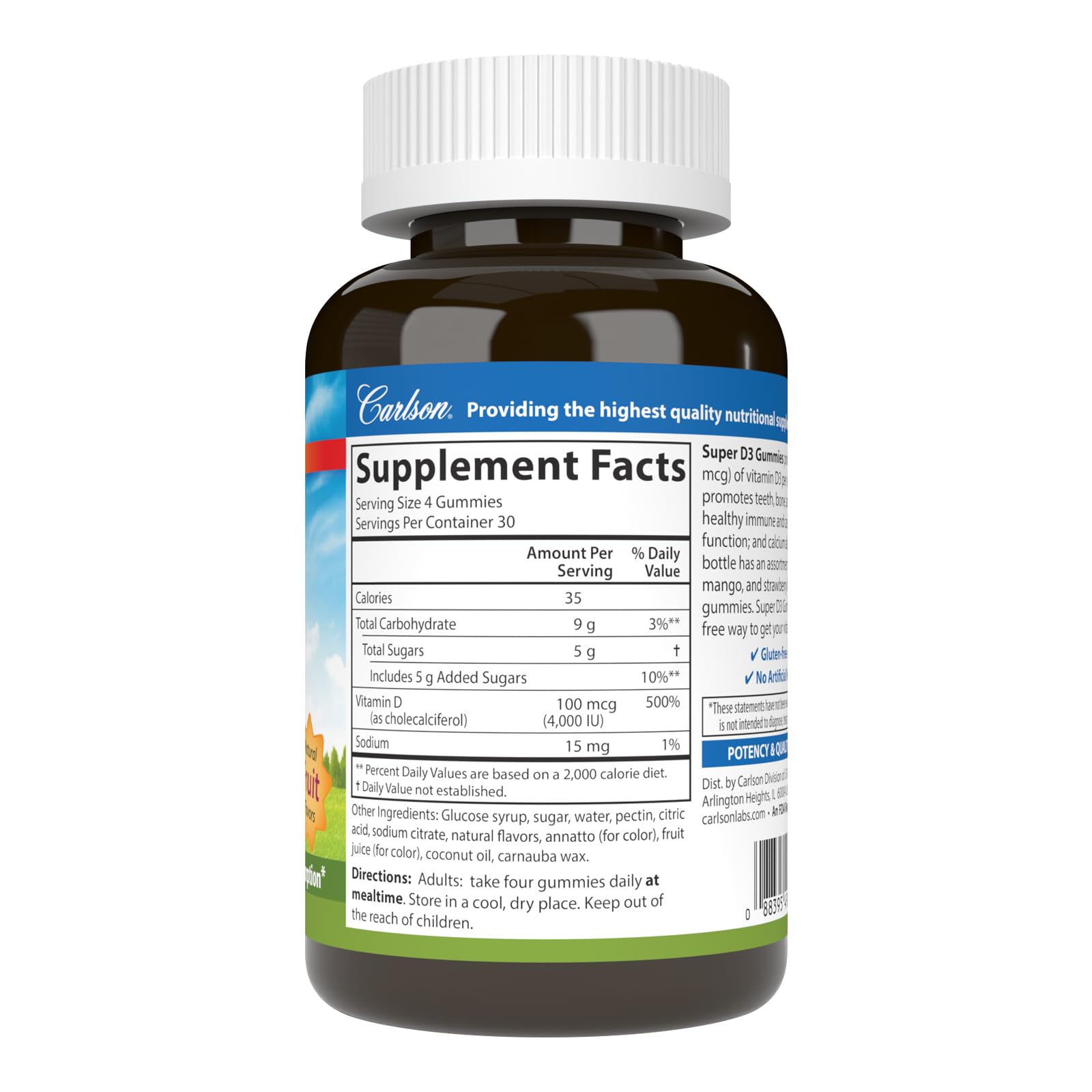 Carlson - Super D3 Gummies 4,000 IU (100 mcg), Bone Health, Immune Support & Calcium Absorption, Natural Fruit Flavors, 120 Vegetarian Gummies - Image 4