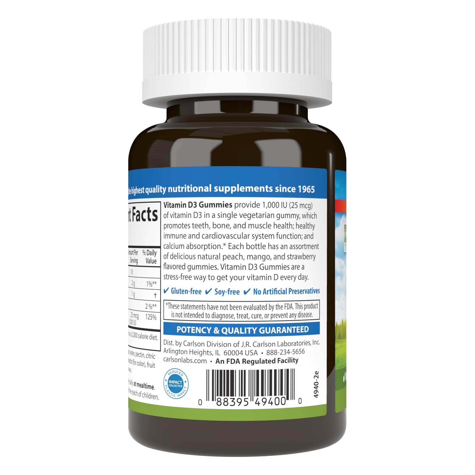 Carlson - Vitamin D3 Gummies, 1000 IU (25 mcg), Bone Health, Immune Support & Calcium Absorption, Natural Fruit Flavors, 60 Vegetarian Gummies - Image 8